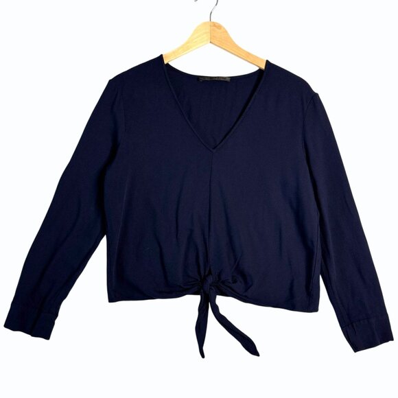 Jenni Kayne Womens V Neck Tie Front Blouse Size XS Navy Capsule Wardrobe Minimal - Picture 2 of 8